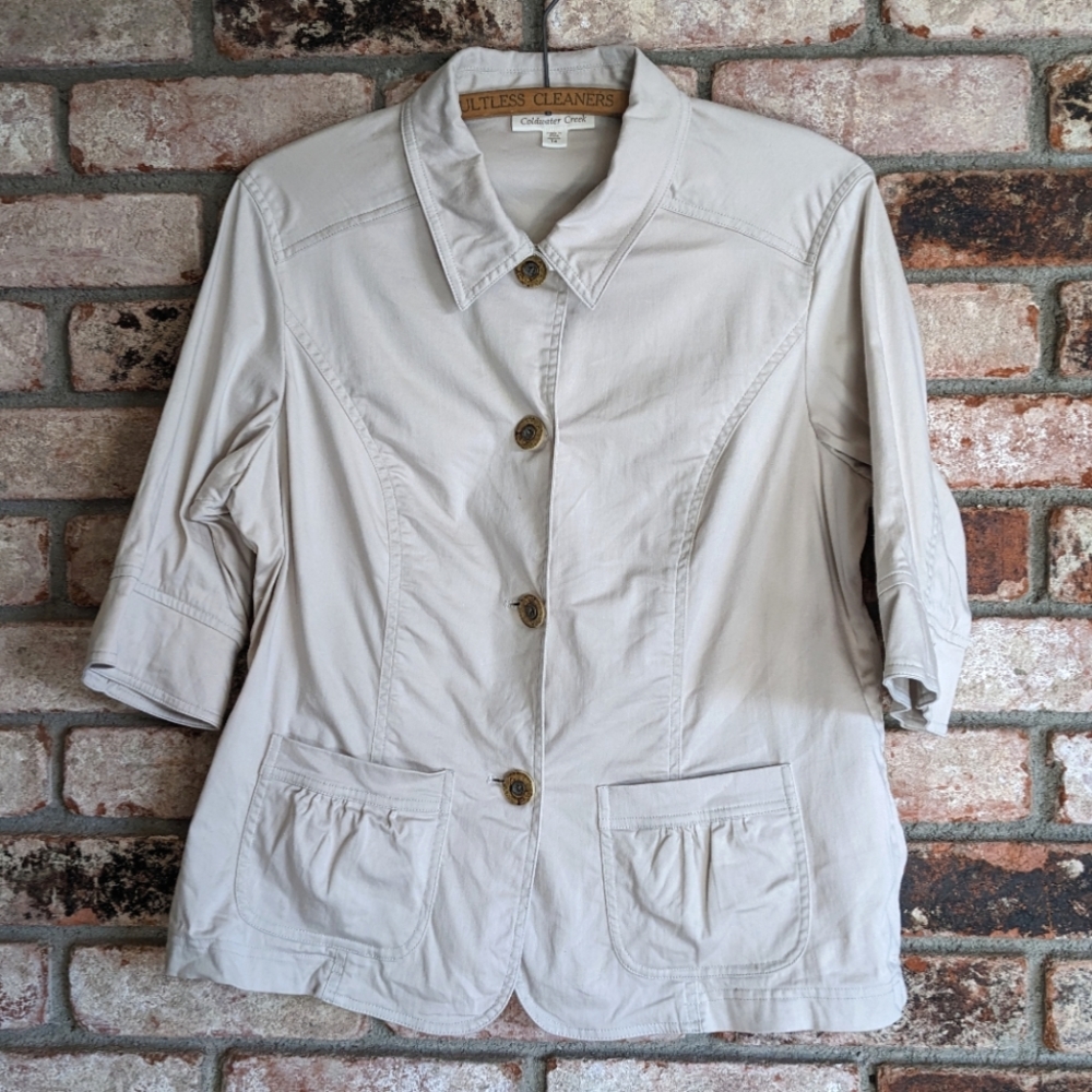 🤍 Coldwater Creek Cotton Short Sleeve Blazer White Cream Button Front Jacket 14